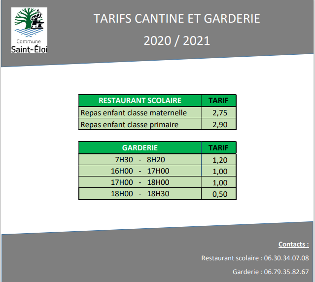 Tarifs Cantine Et Garderie Commune De Saint Eloi